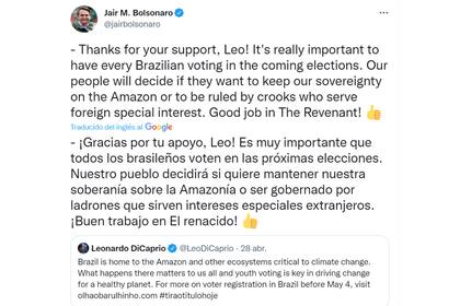El tuit de Jair Bolsonaro en respuesta a Leonardo DiCaprio