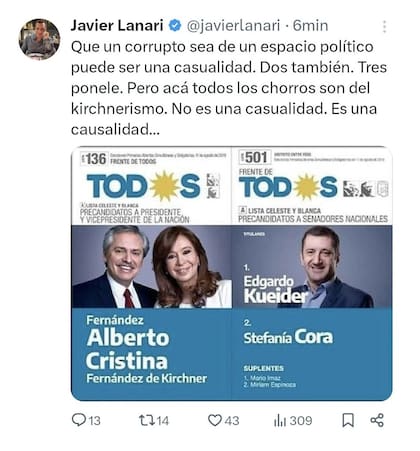 El tuit de Javier Lanari sobre Edgardo Kueider
