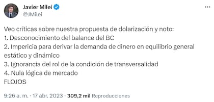El tuit de Javier Milei acerca de su propuesta de dolarización