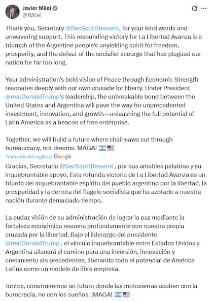 El tuit de Javier Milei con el que agradeció a Donald Trump y Scott Bessent