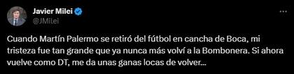 El tuit de Javier Milei en apoyo a Macri para las elecciones en Boca
