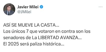 El tuit de Javier Milei en su cuenta oficial de X