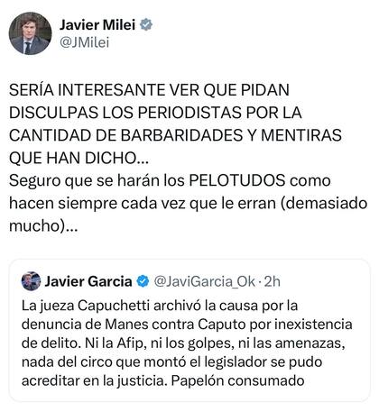 El tuit de Javier Milei sobre el fallo de la jueza María Eugenia Capuchetti