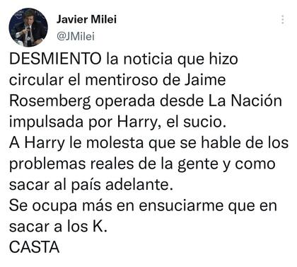 El tuit de Javier Milei sobre las versiones de una reunión con Cristina Kirchner