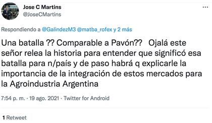 El tuit de José Martins, presidente de la Bolsa de Cereales de Buenos Aires