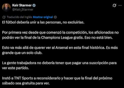 El tuit de Keir Starmer sobre la final de la Champions League