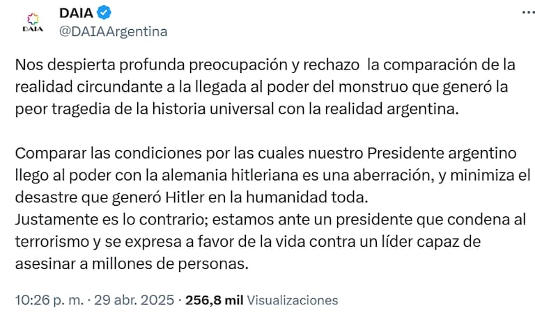 El tuit de la DAIA que citó Milei