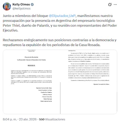 El tuit de la diputada Kelly Olmos contra Thiel