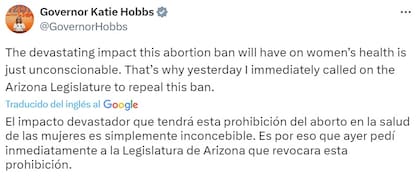 El tuit de la gobernadora Katie Hobbs