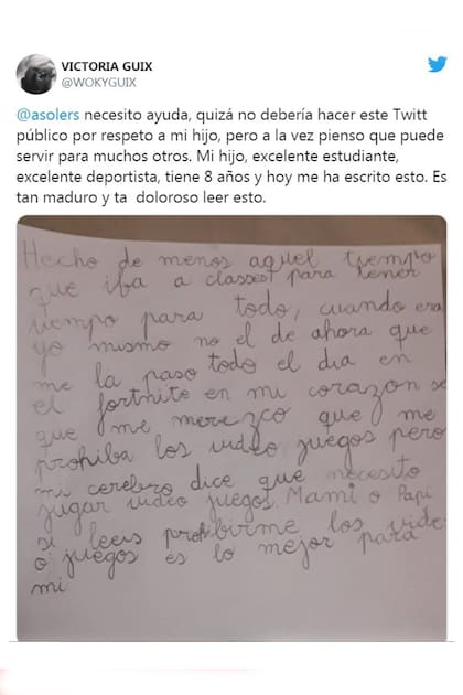 El tuit de la madre de Argau, el niño que le pidió ayuda a sus padres porque sintió que no podía dejar de jugar a los videojuegos