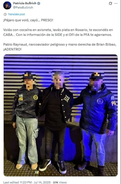 El tuit de la ministra Patricia Bullrich donde informó de la detención del "narcoaviador"