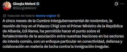 El tuit de la primera ministra de Italia, Giorgia Meloni