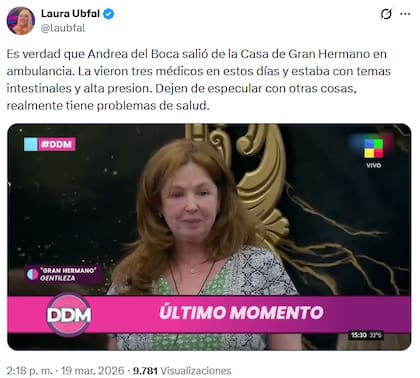 El tuit de Laura Ubfal que alertó a todos sobre el mal momento de Andrea del Boca