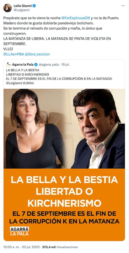 El tuit de Leila Gianni contra Fernando Espinoza