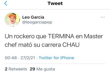 El tuit de Leo García en el que apuntó contra Juanse por participar del reality MasterChef Celebrity
