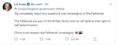 El tuit de Liz Truss, ministra de la Corona Majestad para Relaciones Exteriores y asuntos del Commonwealth, sobre el apoyo de China al reclamo argentino sobre las islas Malvinas.