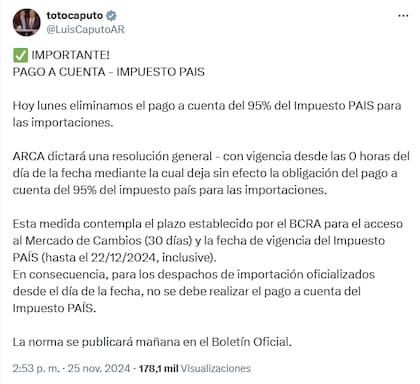 El tuit de Luis Caputo con el anuncio de la eliminación de la retención del 95% del impuesto PAIS a las importaciones