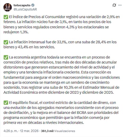 El tuit de Luis Caputo sobre la inflación de febrero