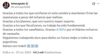 El tuit de Luis Caputo tras el triunfo de La Libertad Avanza en las elecciones legislativas 2025