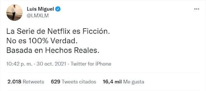 El tuit de Luis Miguel sobre la serie de su vida (Foto: Captura Twitter/@LMXLM)