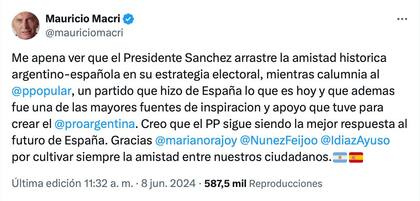 El tuit de Mauricio Macri sobre el conflicto de Milei con el presidente de España, Pedro Sánchez