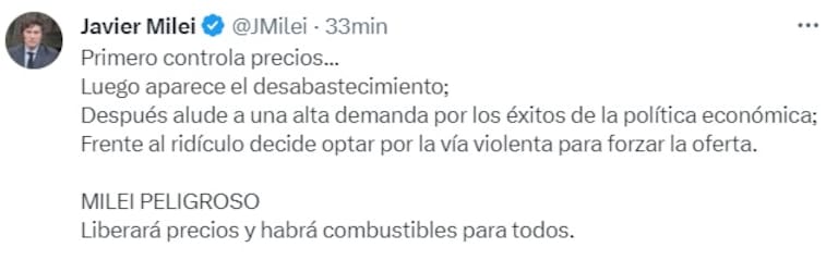 El tuit de Milei contra Massa por la falta de combustible