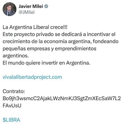 El tuit de Milei promocionando $LIBRA