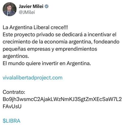 El tuit de Milei que dio a conocer por primera vez el lanzamiento de $LIBRA y que más tarde borró