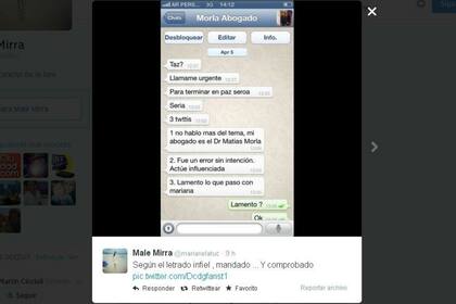 El tuit de Mirra en el que muestra su conversación con Morla, su entonces abogado