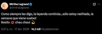 El tuit de Mirtha Legrand confirmando su ausencia al programa