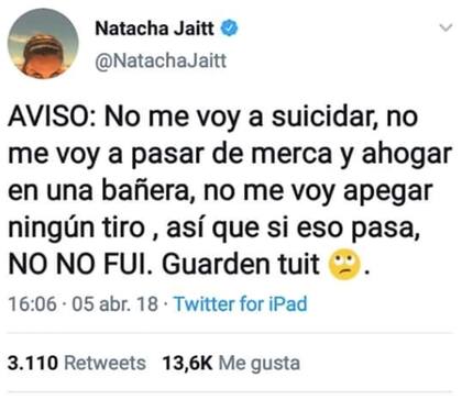 El tuit de Natacha Jaitt el 5 de abril de 2018
