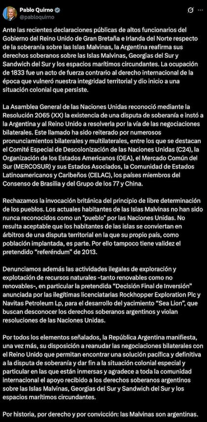 El tuit de Pablo Quirno sobre la soberanía de las Islas Malvinas