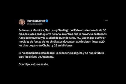 El tuit de Patricia Bullrich sobre el calendario escolar de la ciudad de Buenos Aires
