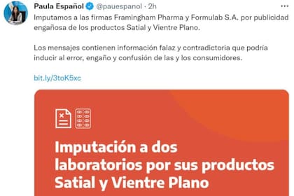 El tuit de Paula Español, secretaria de Comercio Interior, que informa sobre la imputación a los laboratorios Framinghan y Formulab