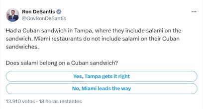 El tuit de Ron DeSantis que reavivó la disputa por la receta del sándwich cubano