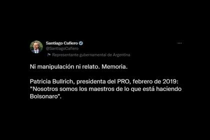 El tuit de Santiago Cafiero, en el que reafirmó su comparación entre Mauricio Macri y Jair Bolsonaro