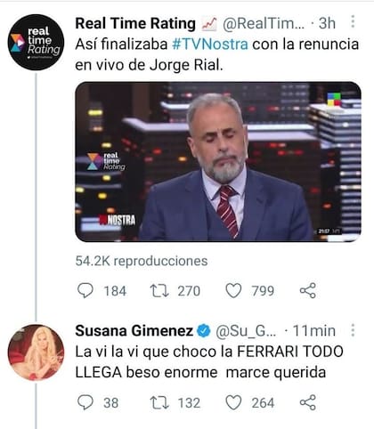El tuit de Susana Giménez contra Jorge Rial en Twitter tras finalizar su ciclo