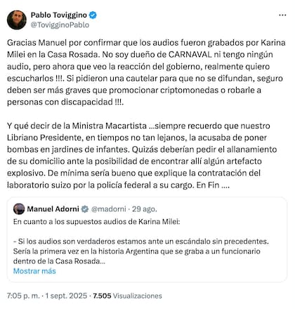 El tuit de Toviggino en el que le contesta a Manuel Adorni