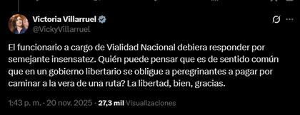 El tuit de Villarruel ante la noticia sobre el cobro a la Iglesia