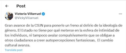 El tuit de Villarruel. Foto: captura