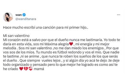 El tuit de Wanda Nara con la letra de la canción para su hijo Valentino