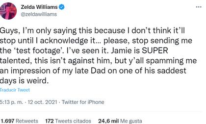 El tuit de Zelda Williams ante los numerosos mensajes en que le comentaban acerca de la personificación de Jamie Costa sobre su padre