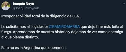 El tuit del concejal Joaquín Noya que reposteó el video de Ramiro Marra