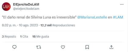 El tuit del Ejército de LAM sobre el estado de salud de Silvina Luna
