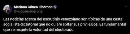 El tuit del ministro de Justicia, Mariano Cúneo Libarona, sobre las elecciones en Venezuela