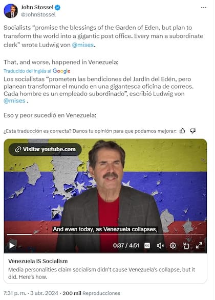 El tuit del periodista John Stossel que inspiró la respuesta de Musk sobre Venezuela