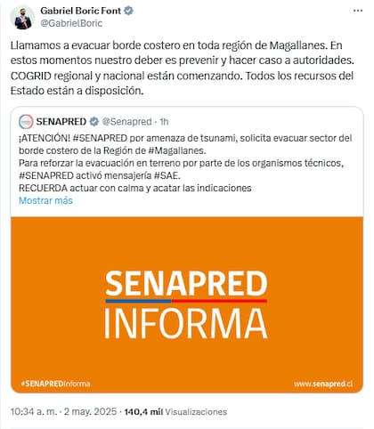 El tuit del presidente Gabriel Boric tras el terremoto que hubo al sur de Chile este viernes 2 de mayo