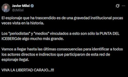 El tuit del presidente Javier Milei