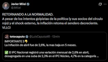 El tuit del presidente Javier Milei sobre la inflación