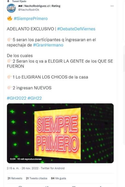 El tuit donde el periodista Nacho Rodríguez anticipa los cambios que se aproximan en Gran Hermano 2022